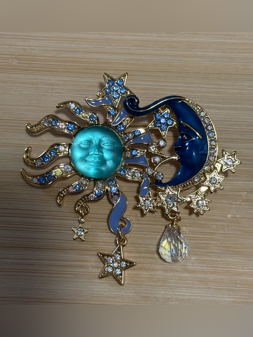 Celestial Sun and Moon Blue Enamel Brooch